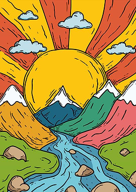 Retro Sunrise Over Mountains and River