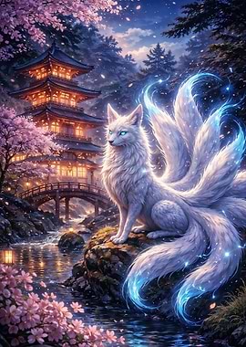 Mythical Fox Spirit by Japanese Pagoda