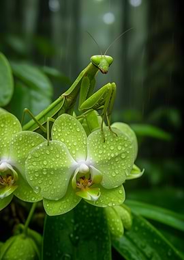 Praying Mantis on Wet Orchids