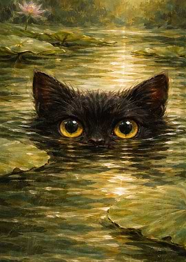 Black Kitten in Water Lilies