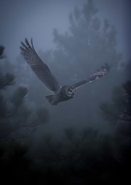 Owl flying through misty forest