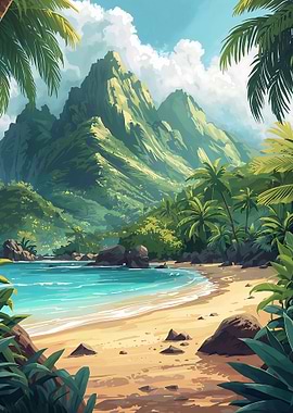 Tropical Island Beach with Mountains
