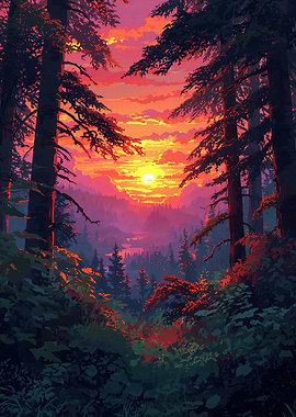 Forest Sunset with Vibrant Sky