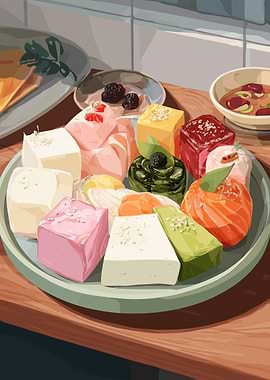 Assortment of Japanese Desserts and Sushi