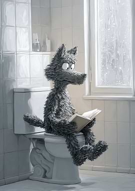 Wolf Reading on Toilet During Rain