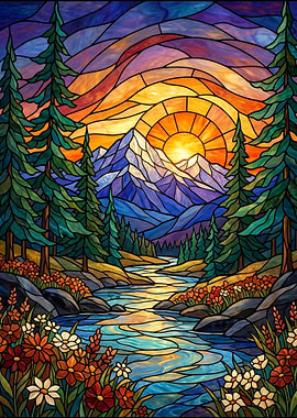 Stained Glass Mountain Sunset