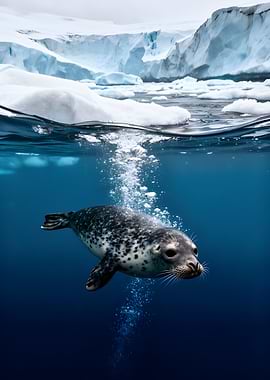 Seal swimming underwater near icebergs