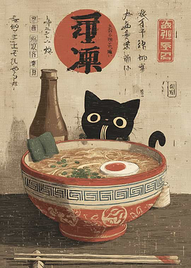 Black Cat Peeking Over Ramen Bowl