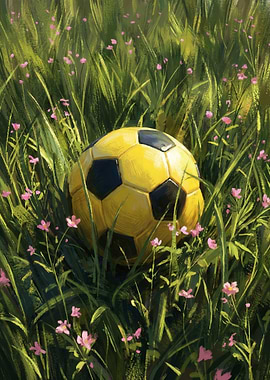 Soccer ball in tall grass with flowers