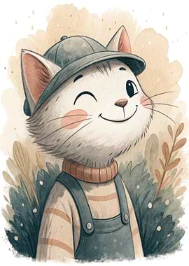 Cute Cat Wearing Overalls and Cap