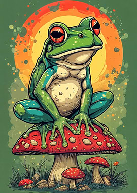 Frog Sitting on Mushroom