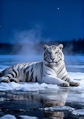White Tiger on Ice at Night