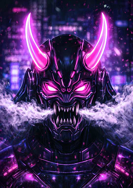 Cyberpunk Oni Mask with Neon Horns - Neon Ronin Poster (Cyber Samurai Edition)