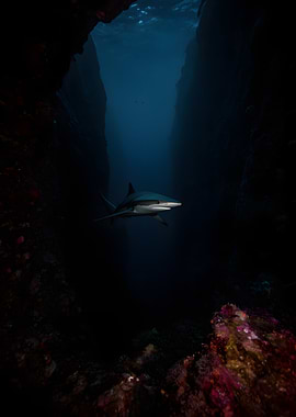 Shark swimming in dark ocean canyon