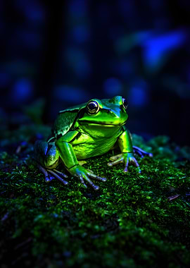 Vibrant Green Frog on Mossy Surface
