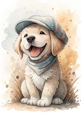 Cute puppy wearing a cap and bandana