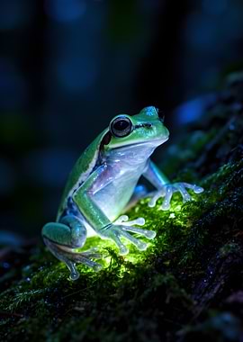 Green frog on mossy log