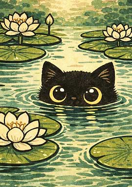 Cute Black Cat in Water Lilies