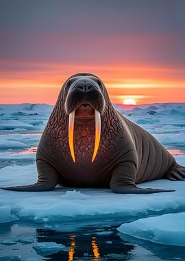 Walrus on Ice at Sunset