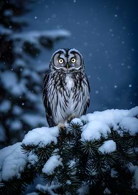 Owl perched on a snowy branch