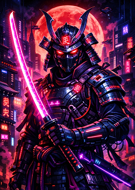 Cyberpunk Samurai with Neon Sword-Neon Ronin Poster (Cyber Samurai Edition)