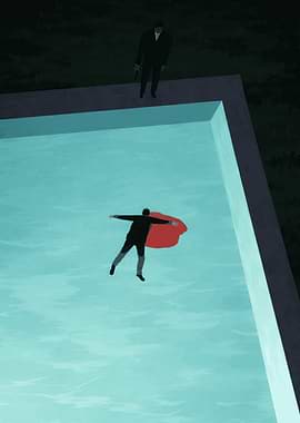 Man floating in pool with red cape