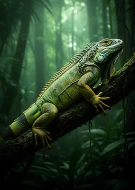 Green Iguana in a Misty Jungle