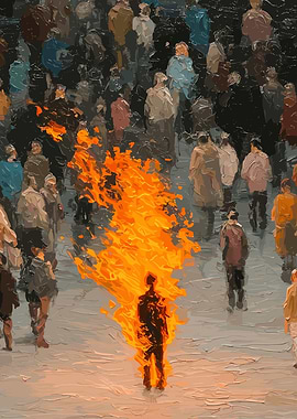 Man engulfed in flames surrounded by crowd