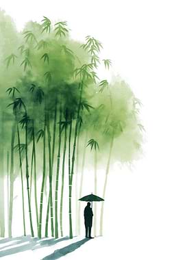 Person with Umbrella in Bamboo Forest