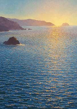 Sunset Over Ocean with Rocky Coastline