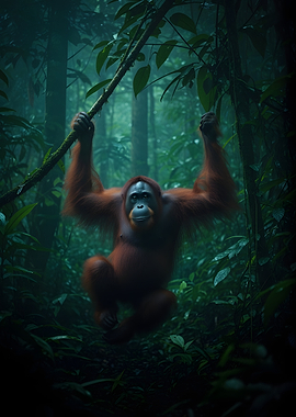 Orangutan hanging in a misty rainforest