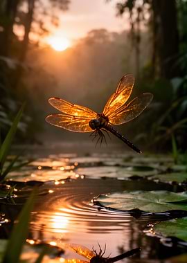 Dragonfly at Sunset Over Water