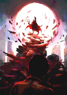 Figure in Red Cape Amidst Destruction