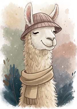 Cute Llama Wearing a Hat and Scarf