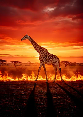 Giraffe in a burning savanna