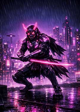 Cyberpunk Samurai in Neon City- Neon Ronin Poster (Cyber Samurai Edition)