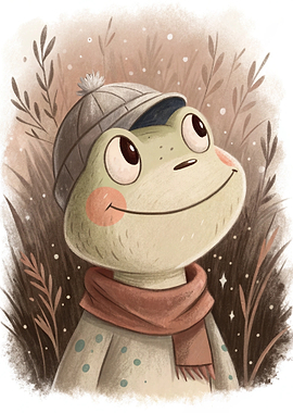 Cute Frog Wearing a Hat and Scarf