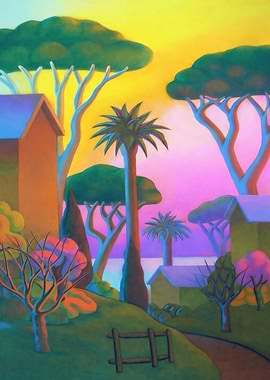 Vibrant Landscape with Houses and Palm Trees