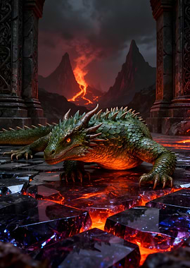 Green Dragon in Volcanic Landscape