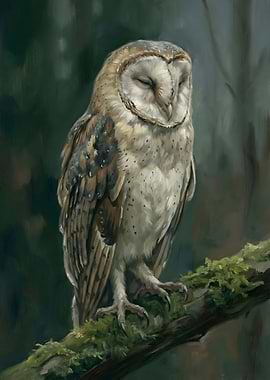 Barn Owl Perched on Mossy Branch
