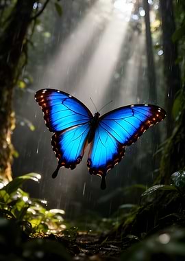 Blue Morpho Butterfly in Rainforest Rain
