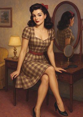 Retro Pin-Up Girl in Plaid Dress