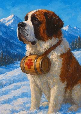 St. Bernard dog in snowy mountains