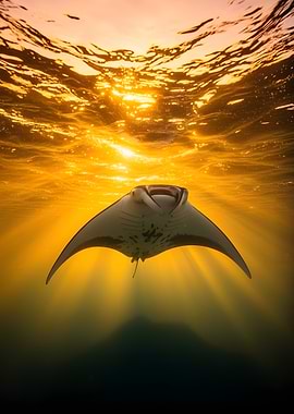 Manta Ray Swimming in Golden Sunlight