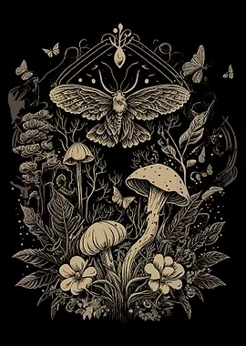 Gothic Moth Poster, Vintage Botanical Mushroom Wall Art, Dark Cottagecore Print