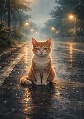 Orange Cat Sitting in the Rain