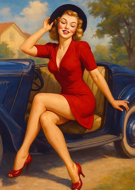 Retro Pin-Up Woman in Red Dress with Car