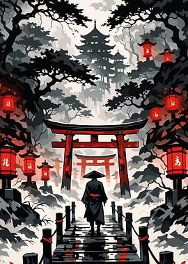 Samurai Walking Through Torii Gates