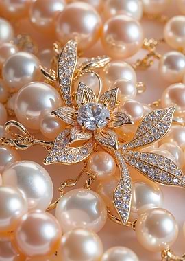 Pearl Necklace with Diamond Brooch