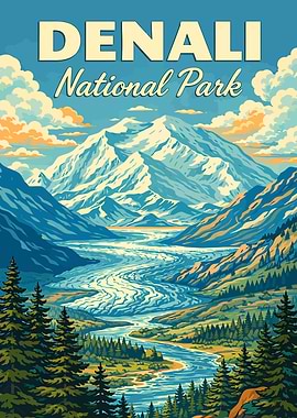 Denali National Park Alaska Vintage Travel Poster – Alaska National Park Retro Landscape